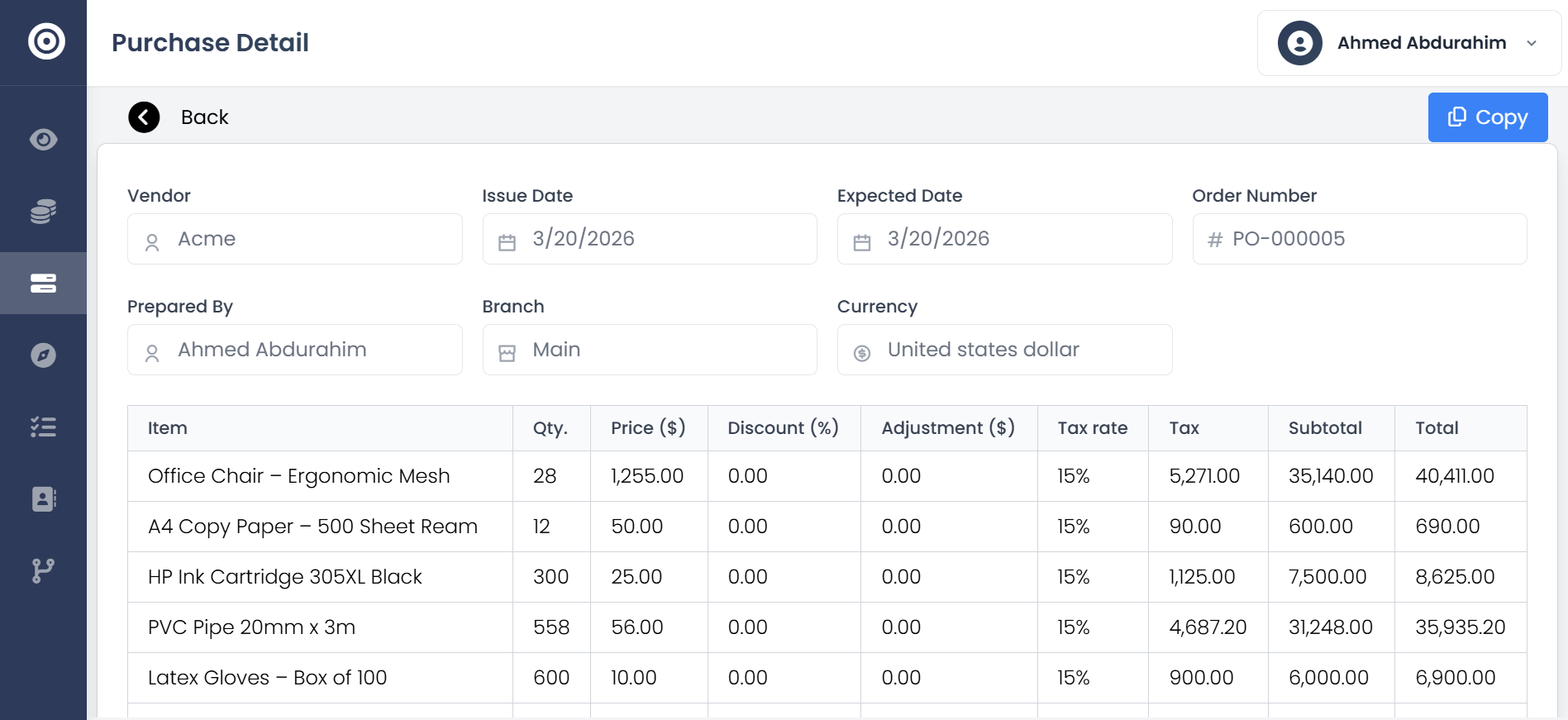 Obsidyun purchase order creation